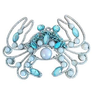Sparkling Silver & Blue Gemstone Faux Pearls Glittery Crab Ornament READ